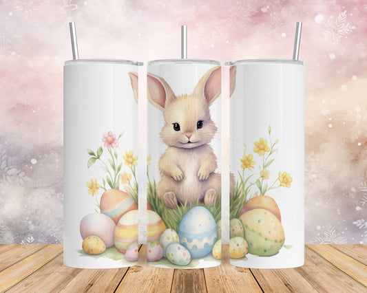 Skinny Tumbler with Straw, 20oz, Easter, Rabbit with Eggs, awd-1342