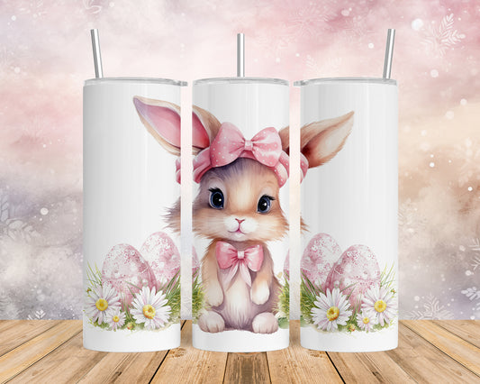 Skinny Tumbler with Straw, 20oz, Easter, Rabbit with Eggs, awd-1343