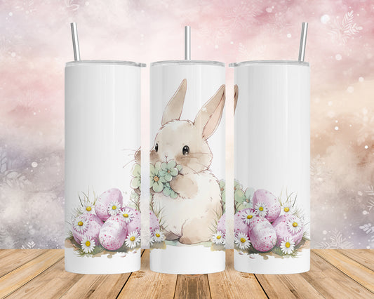 Skinny Tumbler with Straw, 20oz, Easter, Rabbit with Eggs, awd-1344