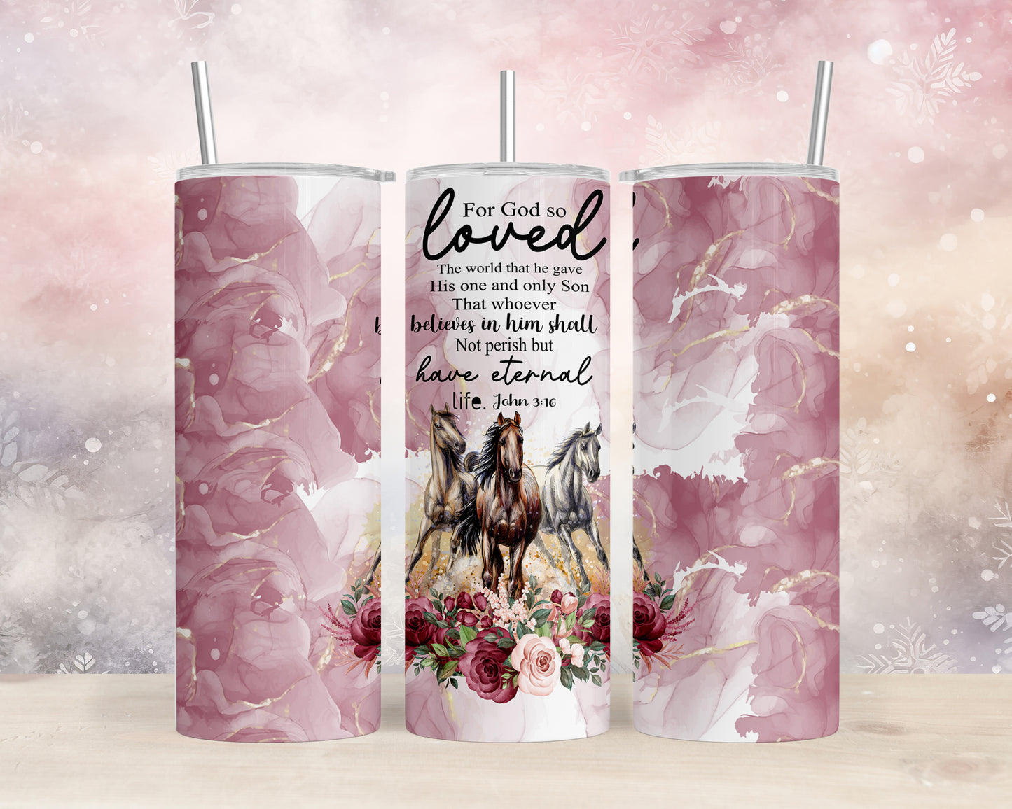 Skinny Tumbler with Straw, 20oz, Horses, Bible Quote, awd-1349