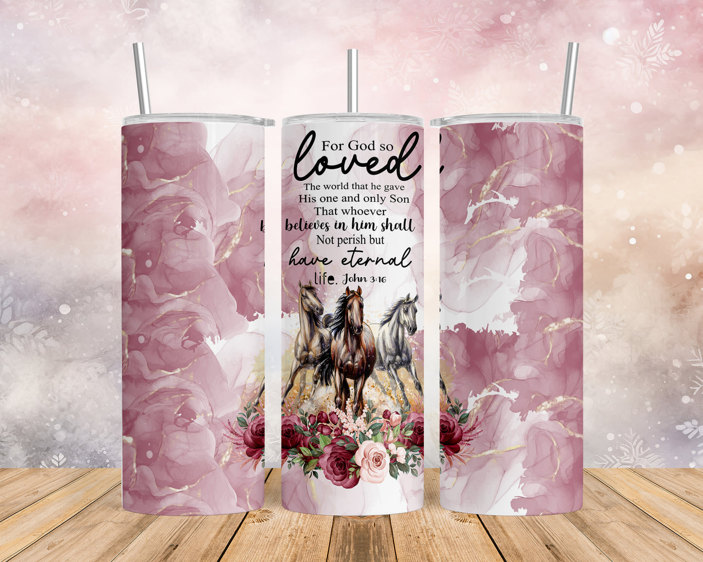 Skinny Tumbler with Straw, 20oz, Horses, Bible Quote, awd-1349