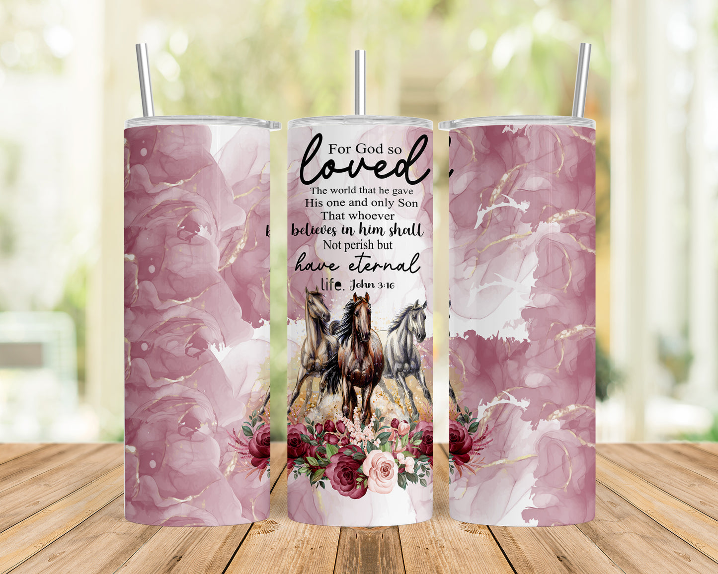 Skinny Tumbler with Straw, 20oz, Horses, Bible Quote, awd-1349