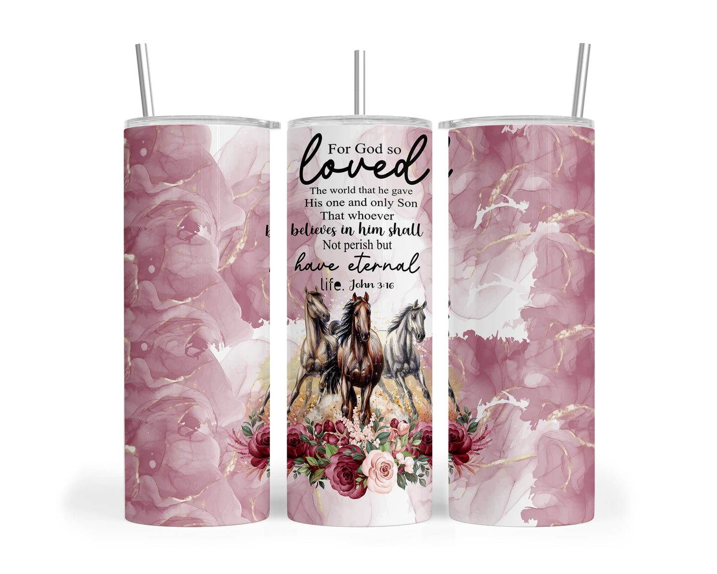 Skinny Tumbler with Straw, 20oz, Horses, Bible Quote, awd-1349