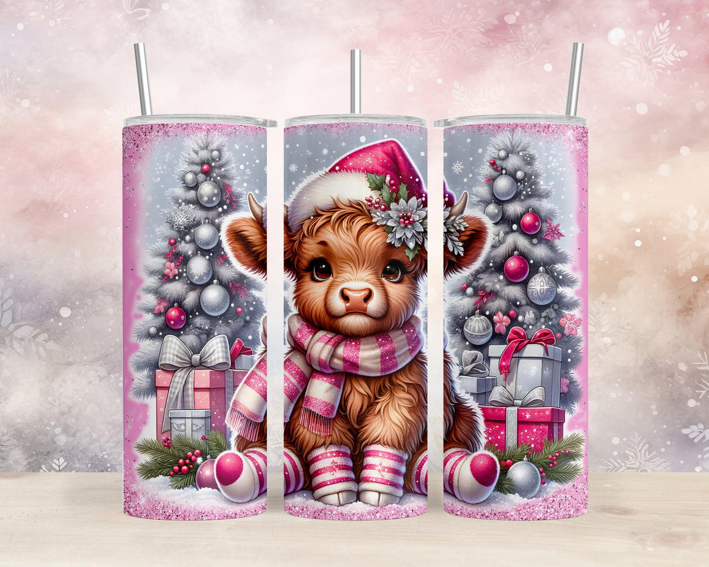 Skinny Tumbler with Straw, 20oz, Christmas Highland Cow, awd-1351