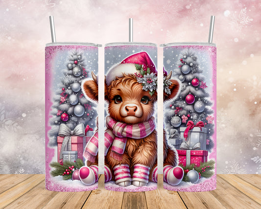 Skinny Tumbler with Straw, 20oz, Christmas Highland Cow, awd-1351