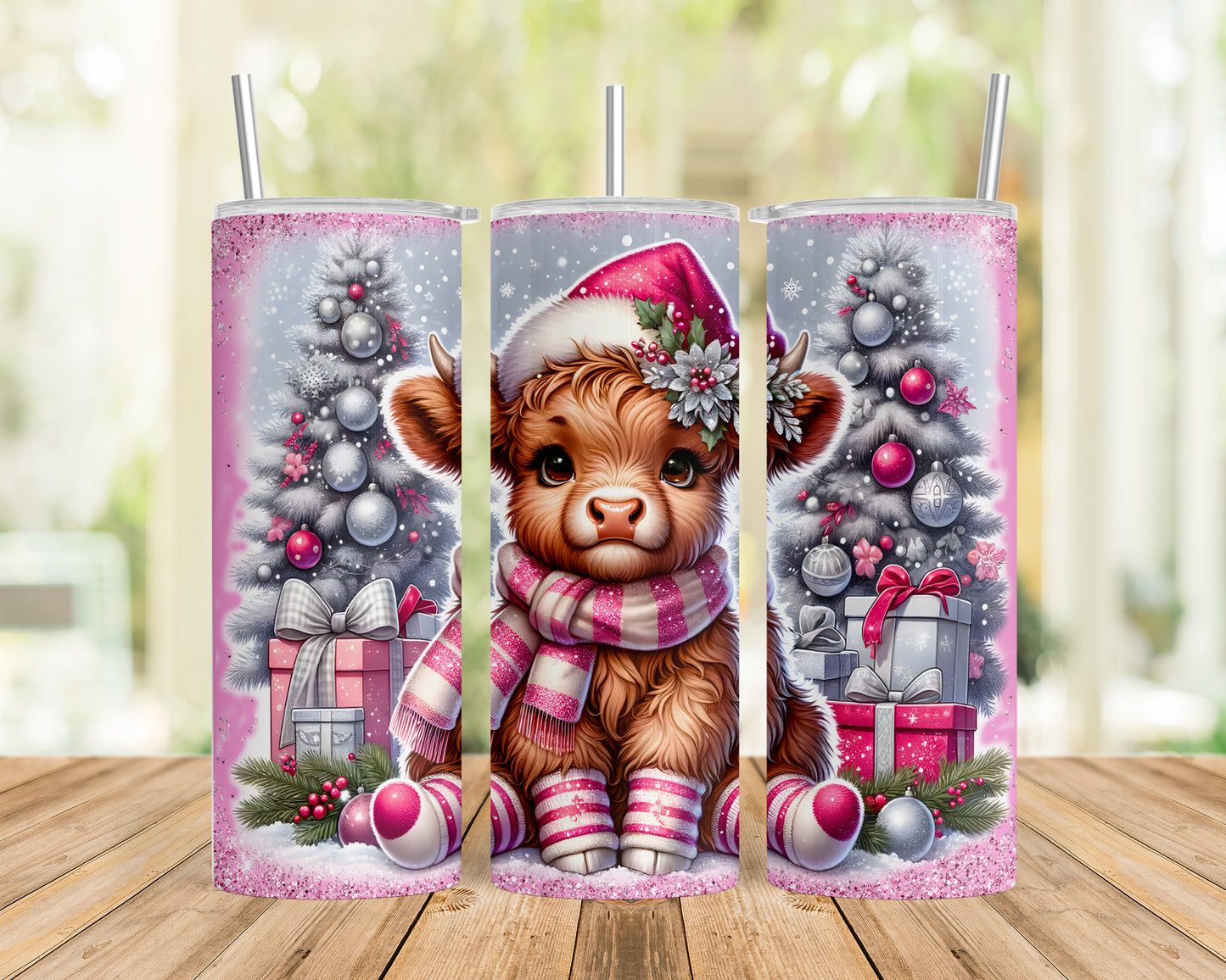 Skinny Tumbler with Straw, 20oz, Christmas Highland Cow, awd-1351