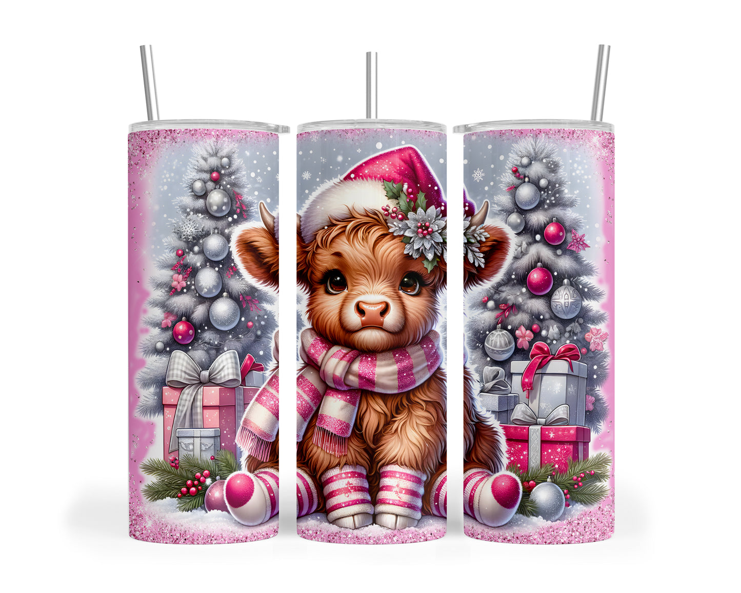 Skinny Tumbler with Straw, 20oz, Christmas Highland Cow, awd-1351