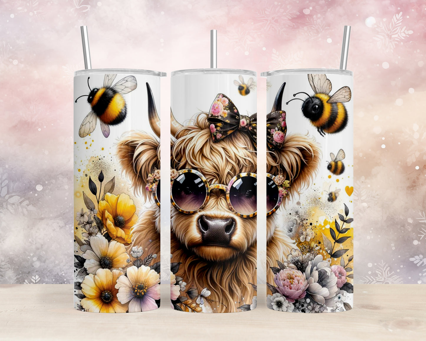 Skinny Tumbler with Straw, 20oz, Highland Cow, Sunflowers, Bees, awd-701