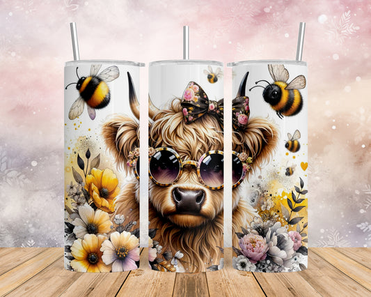 Skinny Tumbler with Straw, 20oz, Highland Cow, Sunflowers, Bees, awd-701