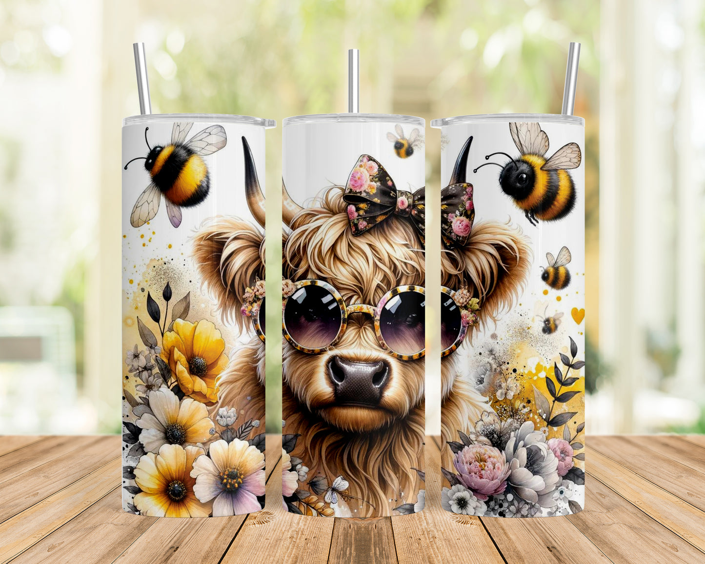 Skinny Tumbler with Straw, 20oz, Highland Cow, Sunflowers, Bees, awd-701