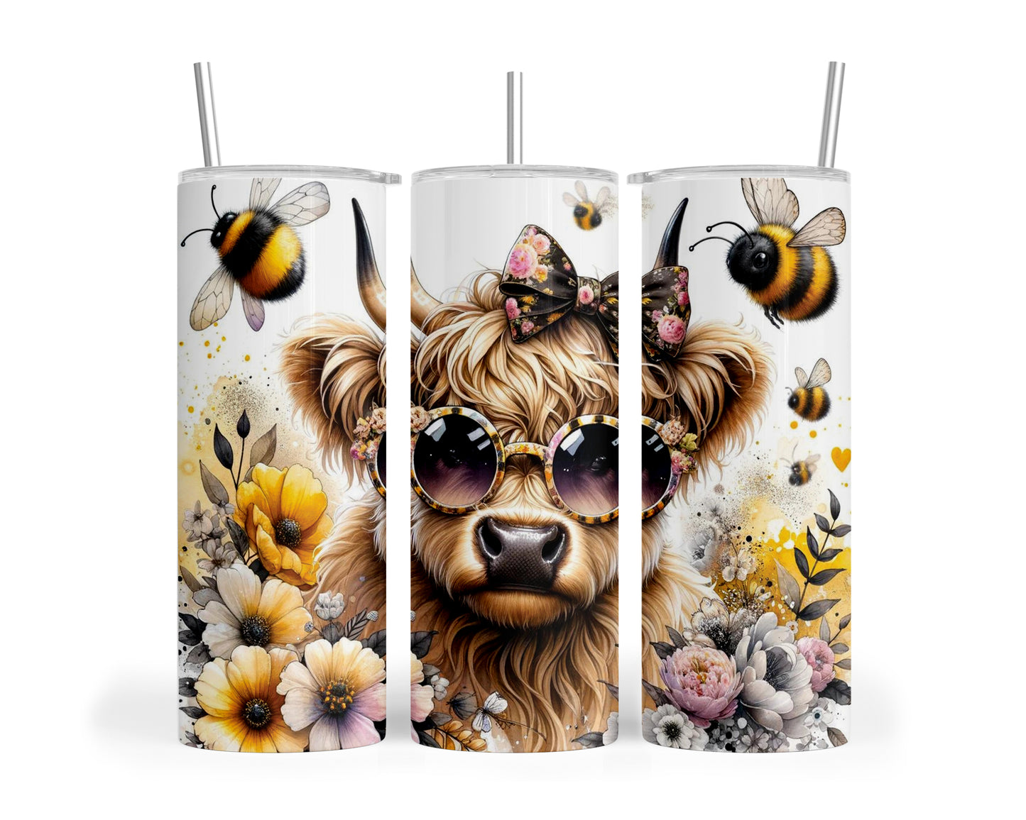 Skinny Tumbler with Straw, 20oz, Highland Cow, Sunflowers, Bees, awd-701