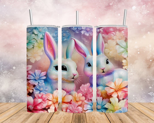 Skinny Tumbler with Straw, 20oz, Easter, Rabbits