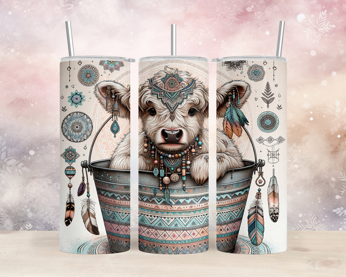 Skinny Tumbler with Straw, 20oz, Highland Cow, Boho, awd-704