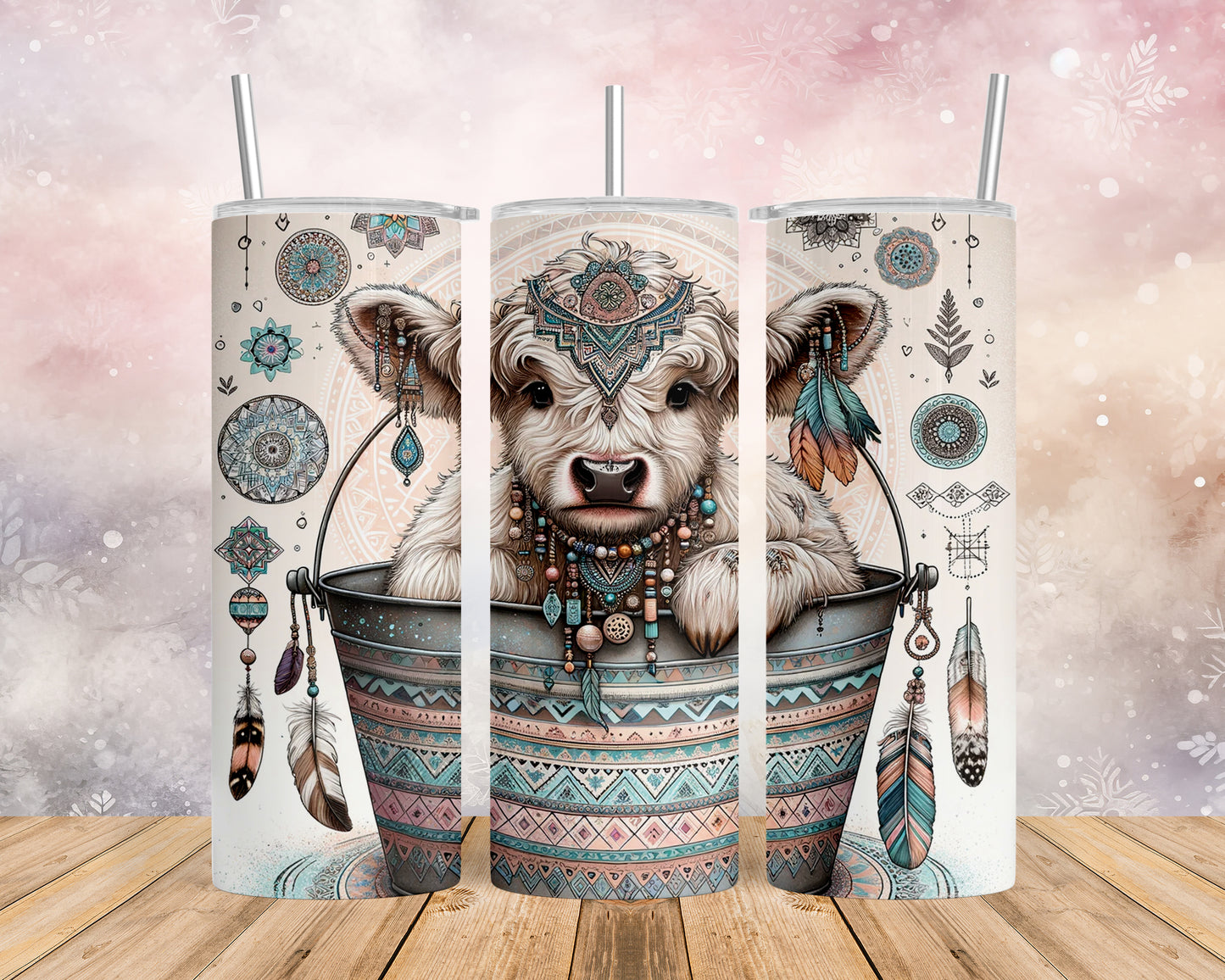 Skinny Tumbler with Straw, 20oz, Highland Cow, Boho, awd-704