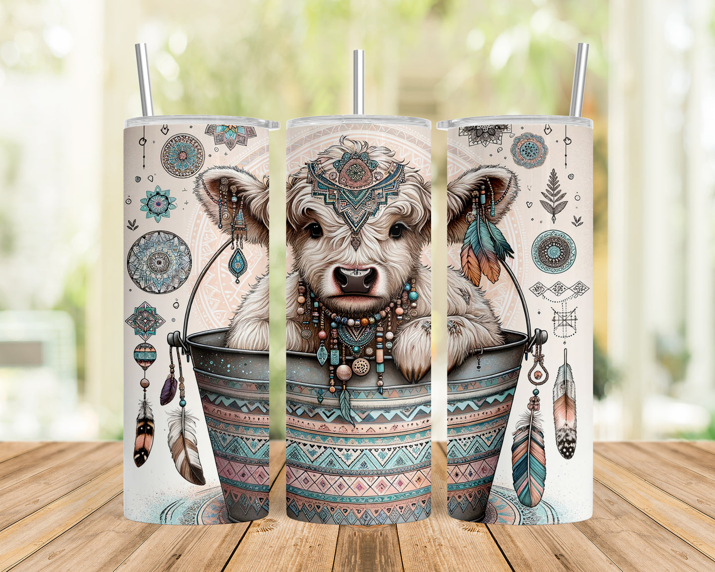 Skinny Tumbler with Straw, 20oz, Highland Cow, Boho, awd-704