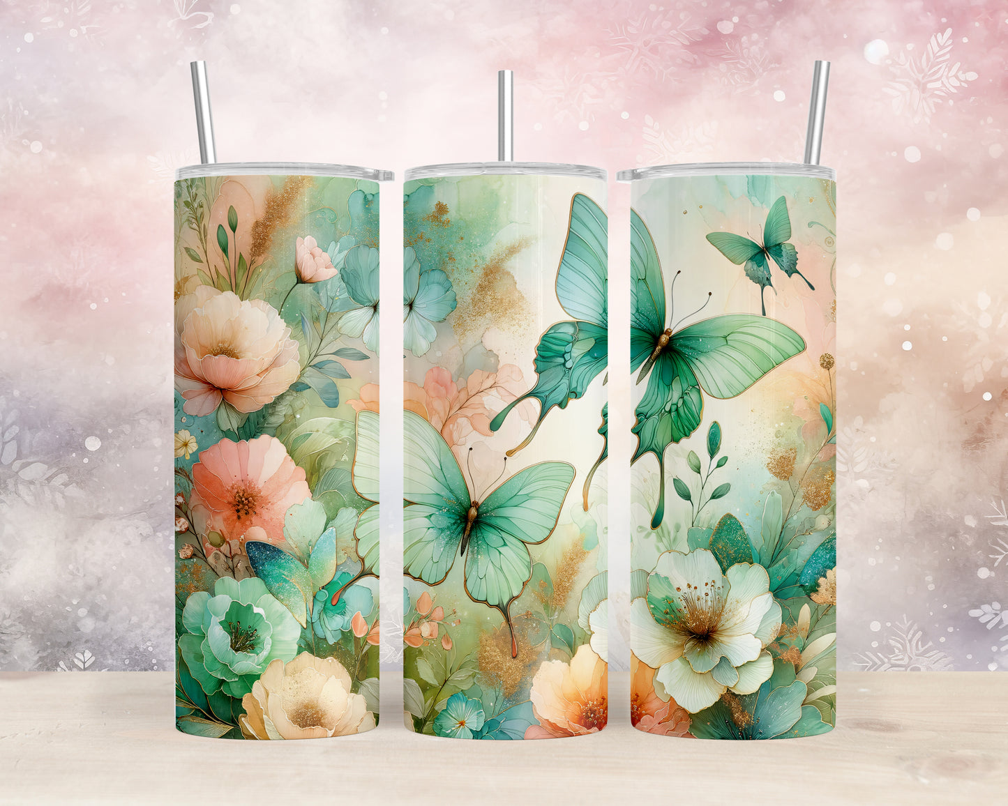 Skinny Tumbler with Straw, 20oz, Floral Butterflies, awd-716