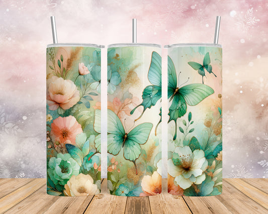 Skinny Tumbler with Straw, 20oz, Floral Butterflies, awd-716