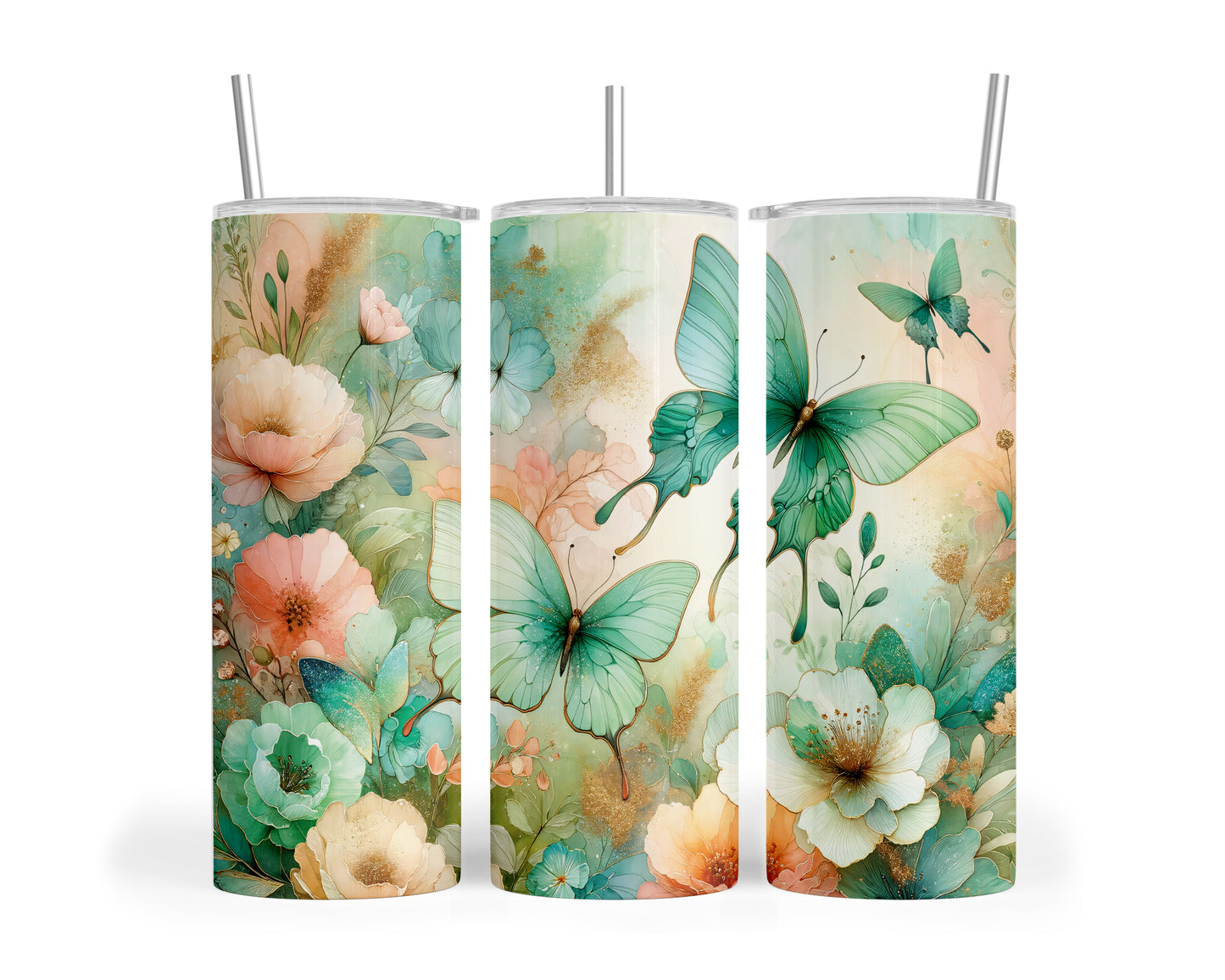 Skinny Tumbler with Straw, 20oz, Floral Butterflies, awd-716