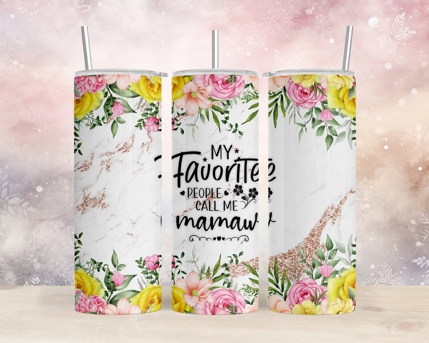 Skinny Tumbler with Straw, 20oz, Floral, Quote, My Favorite People call me MaMaw, awd-719