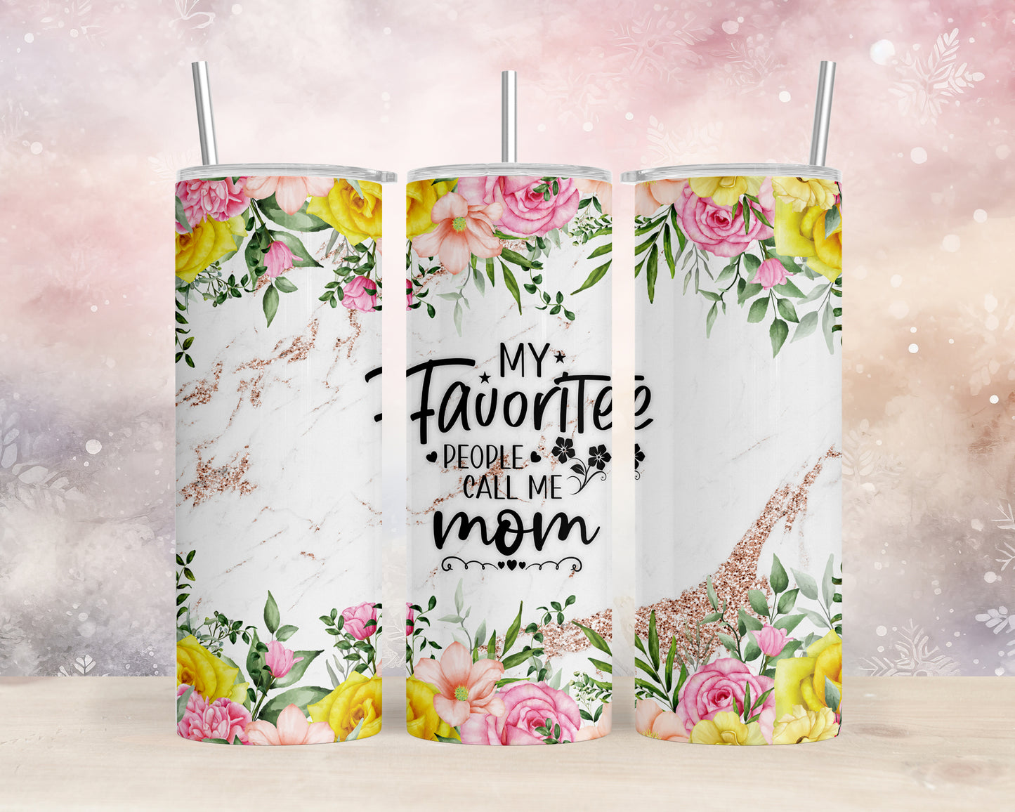 Skinny Tumbler with Straw, 20oz, Floral, Quote, My Favorite People call me Mom, awd-722