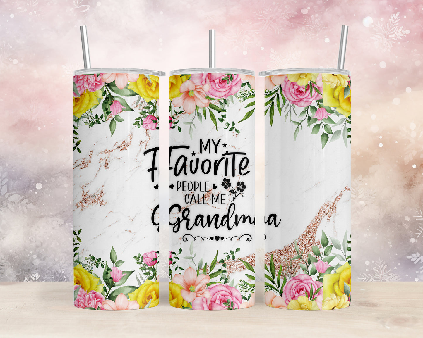 Skinny Tumbler with Straw, 20oz, Floral, Quote, My Favorite People call me Grandma, awd-723