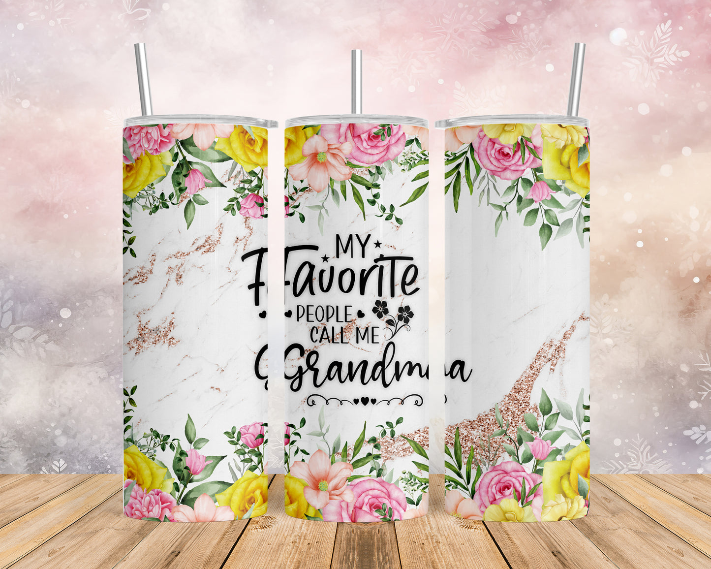 Skinny Tumbler with Straw, 20oz, Floral, Quote, My Favorite People call me Grandma, awd-723