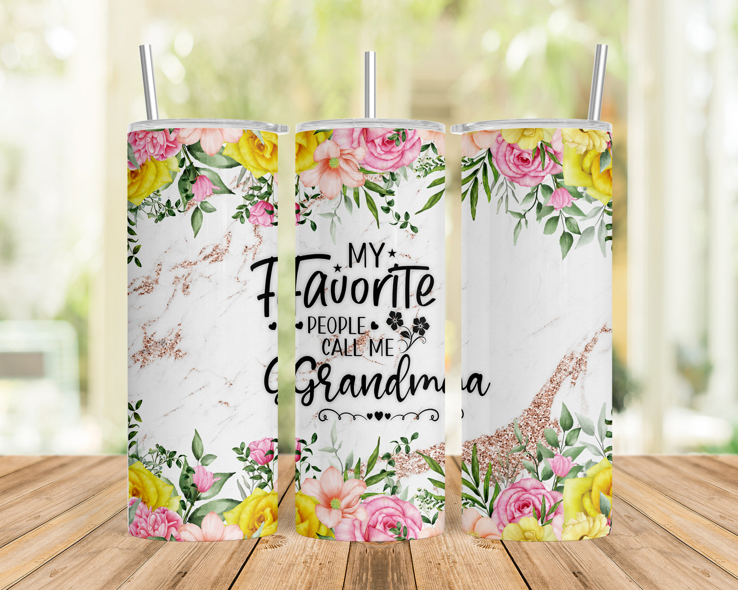 Skinny Tumbler with Straw, 20oz, Floral, Quote, My Favorite People call me Grandma, awd-723