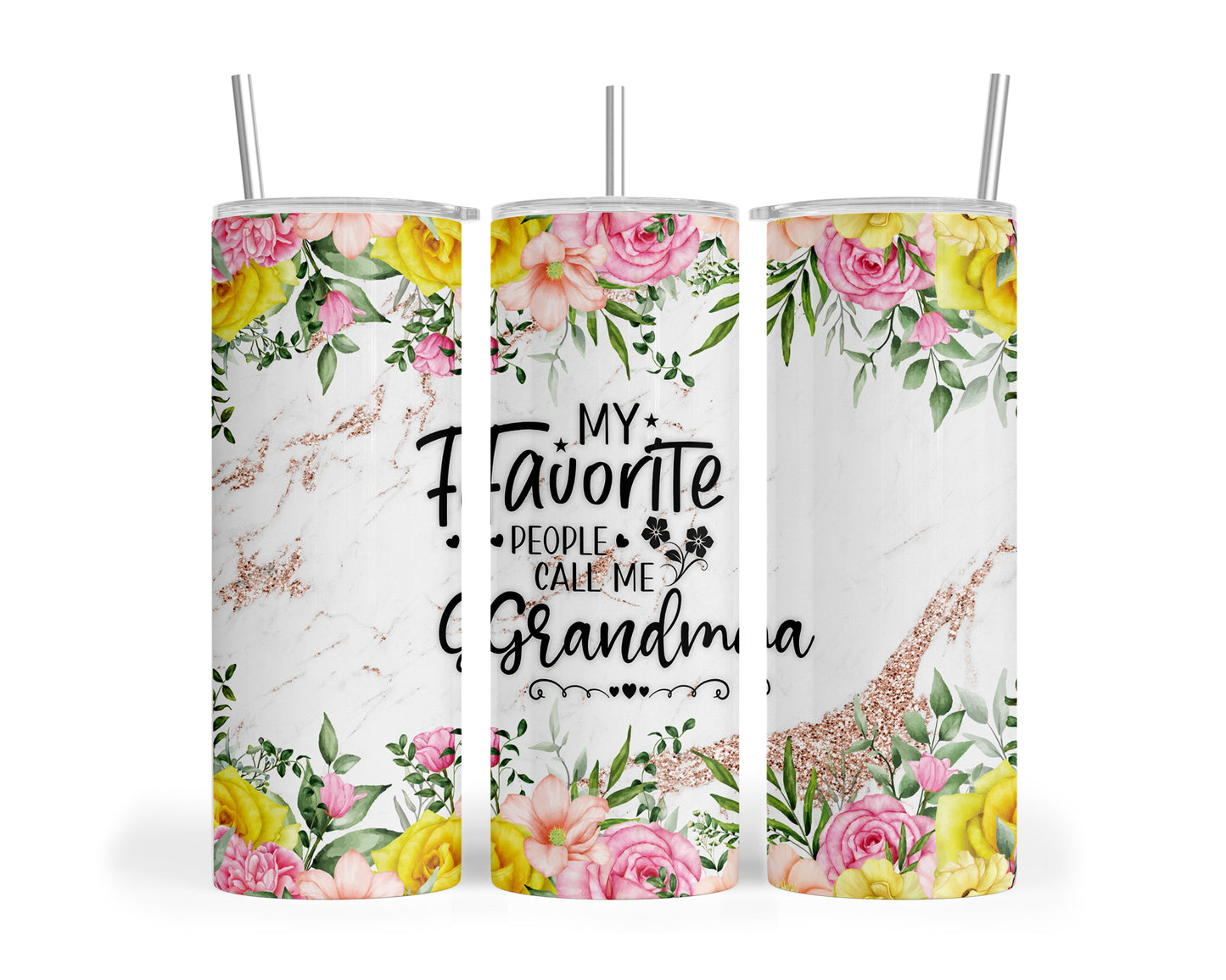 Skinny Tumbler with Straw, 20oz, Floral, Quote, My Favorite People call me Grandma, awd-723