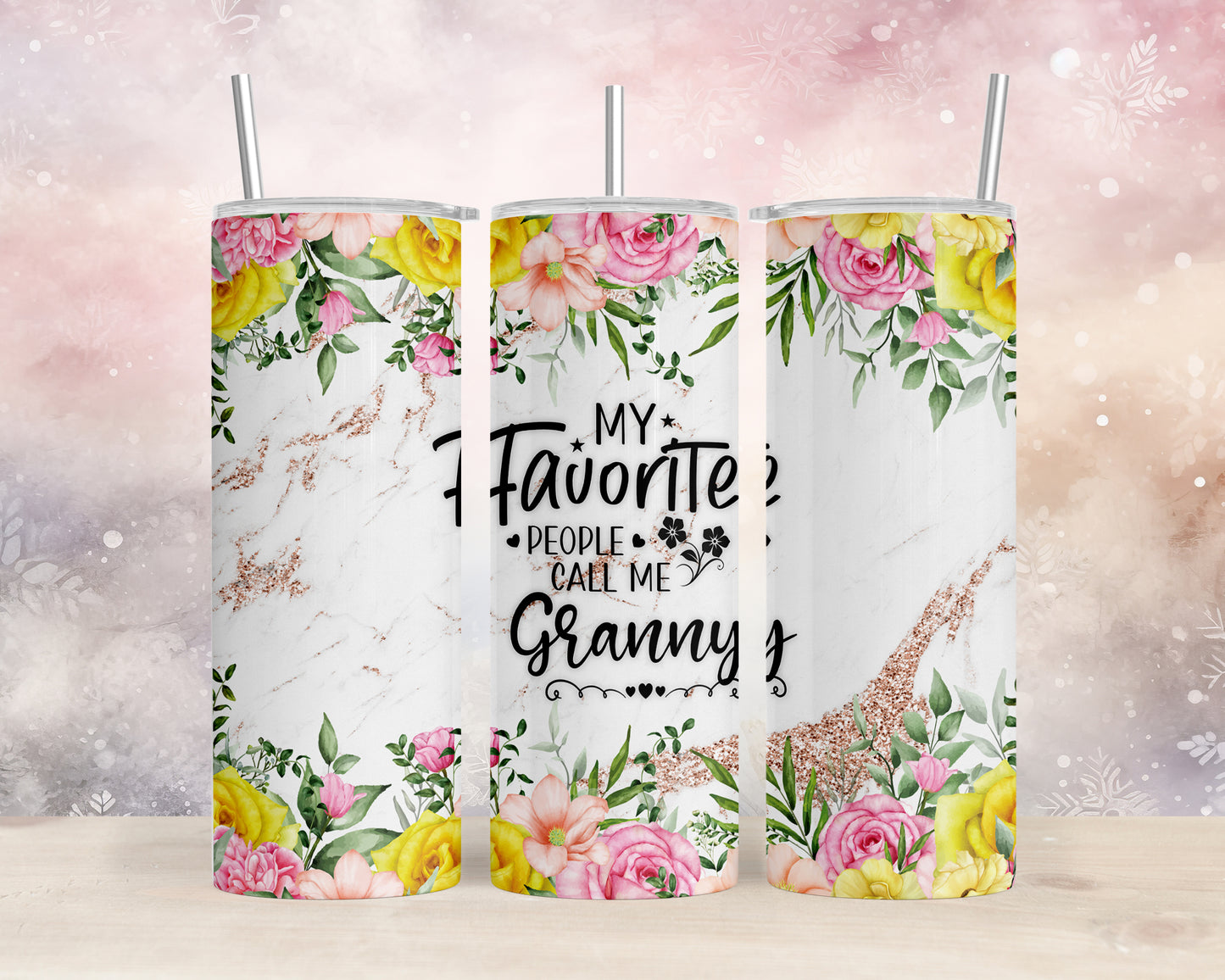 Skinny Tumbler with Straw, 20oz, Floral, Quote, My Favorite People call me Granny, awd-724