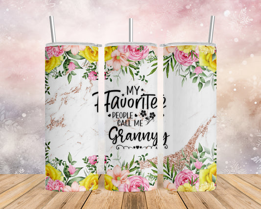 Skinny Tumbler with Straw, 20oz, Floral, Quote, My Favorite People call me Granny, awd-724