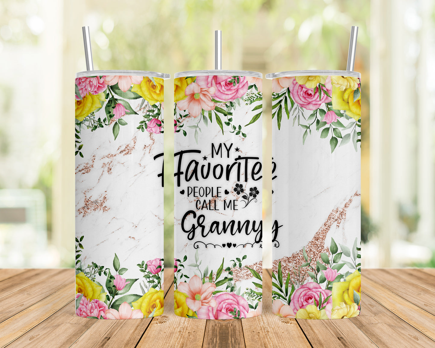 Skinny Tumbler with Straw, 20oz, Floral, Quote, My Favorite People call me Granny, awd-724