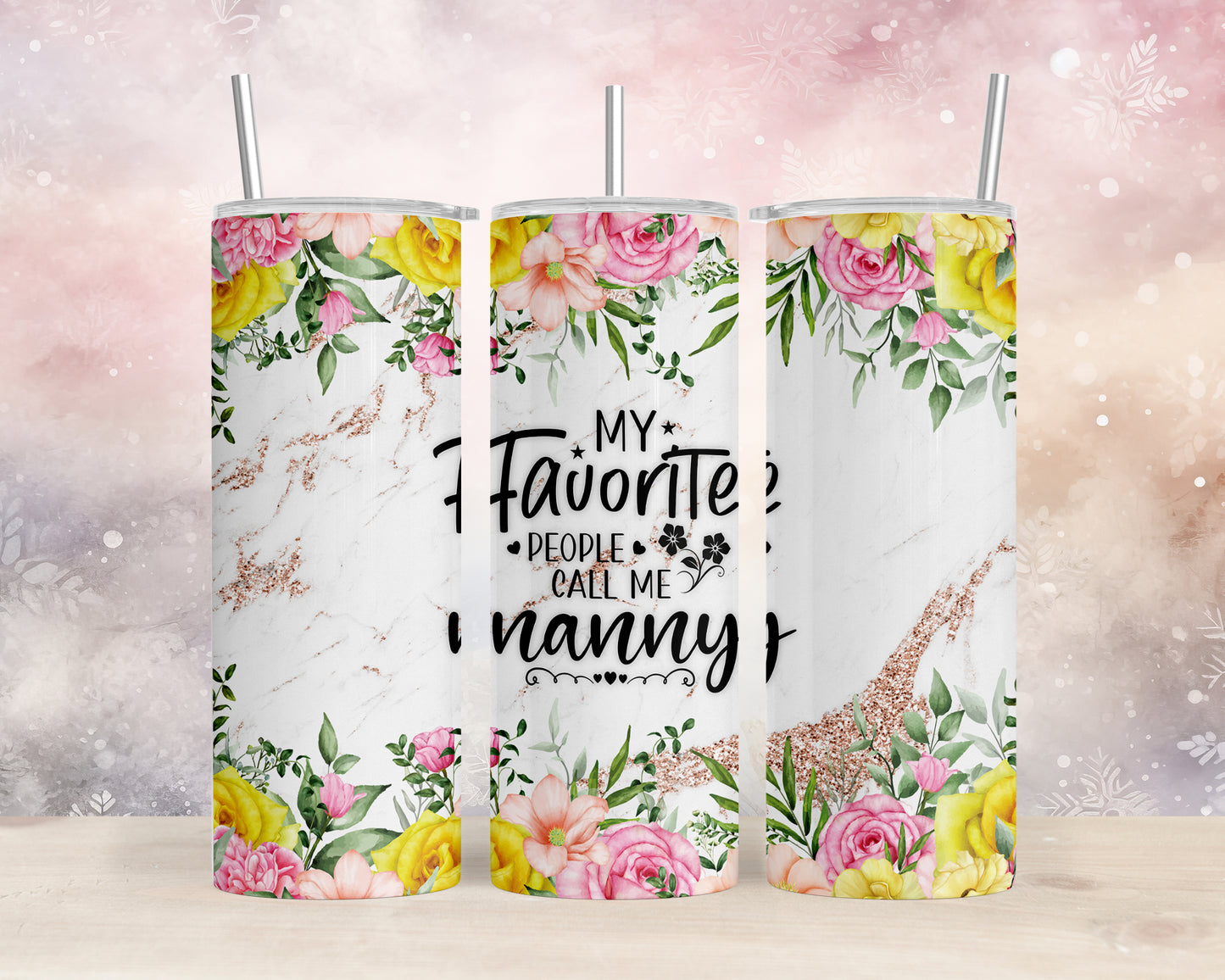 Skinny Tumbler with Straw, 20oz, Floral, Quote, My Favorite People call me Nanny, awd-725