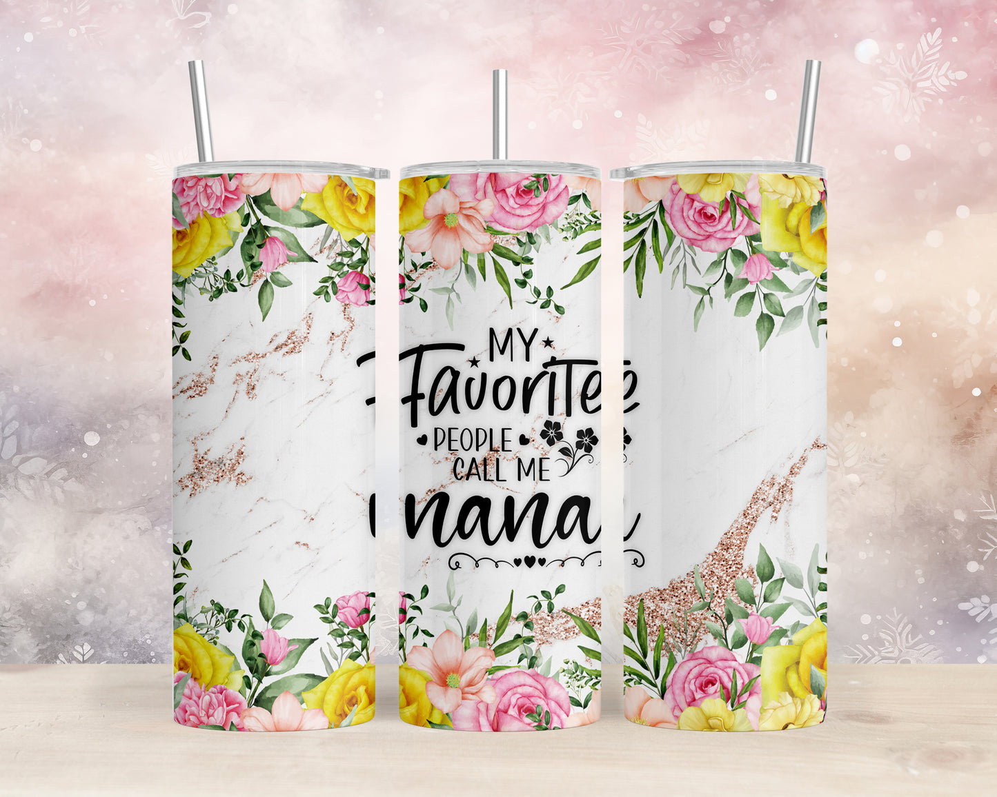 Skinny Tumbler with Straw, 20oz, Floral, Quote, My Favorite People call me Nana, awd-726