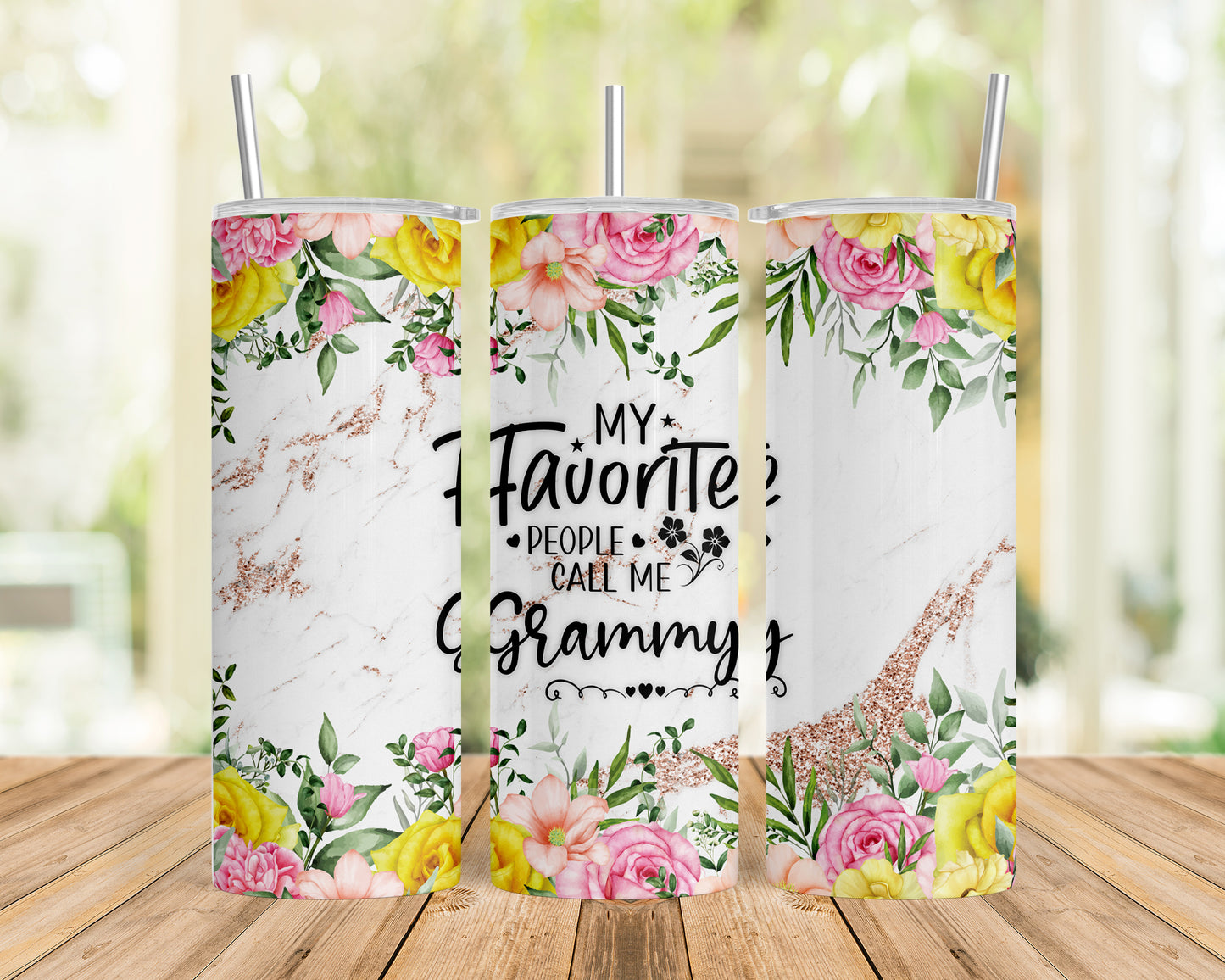 Skinny Tumbler with Straw, 20oz, Floral, Quote, My Favorite People call me Grammy, awd-727