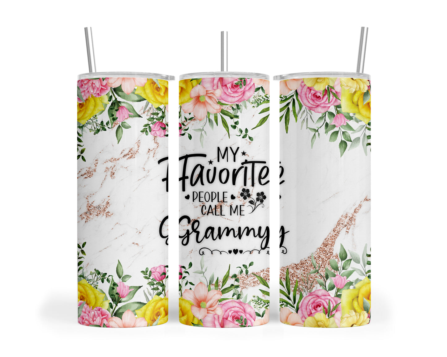 Skinny Tumbler with Straw, 20oz, Floral, Quote, My Favorite People call me Grammy, awd-727