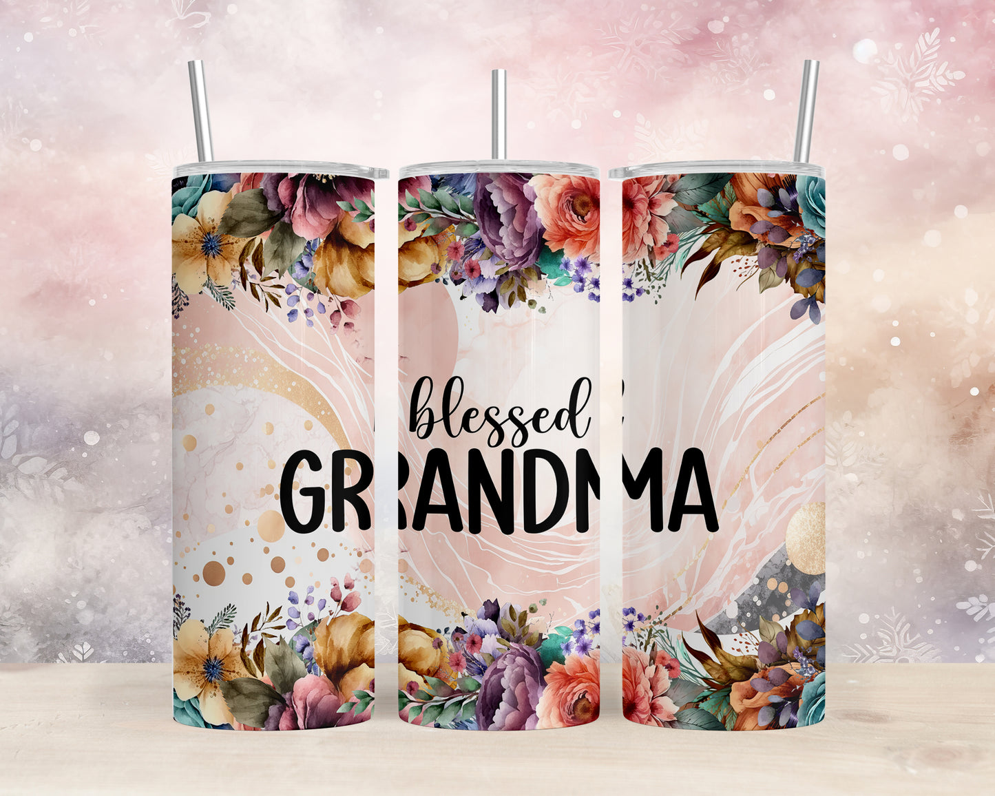 Skinny Tumbler with Straw, 20oz, Floral, Quote, Blessed Grandma, awd-728