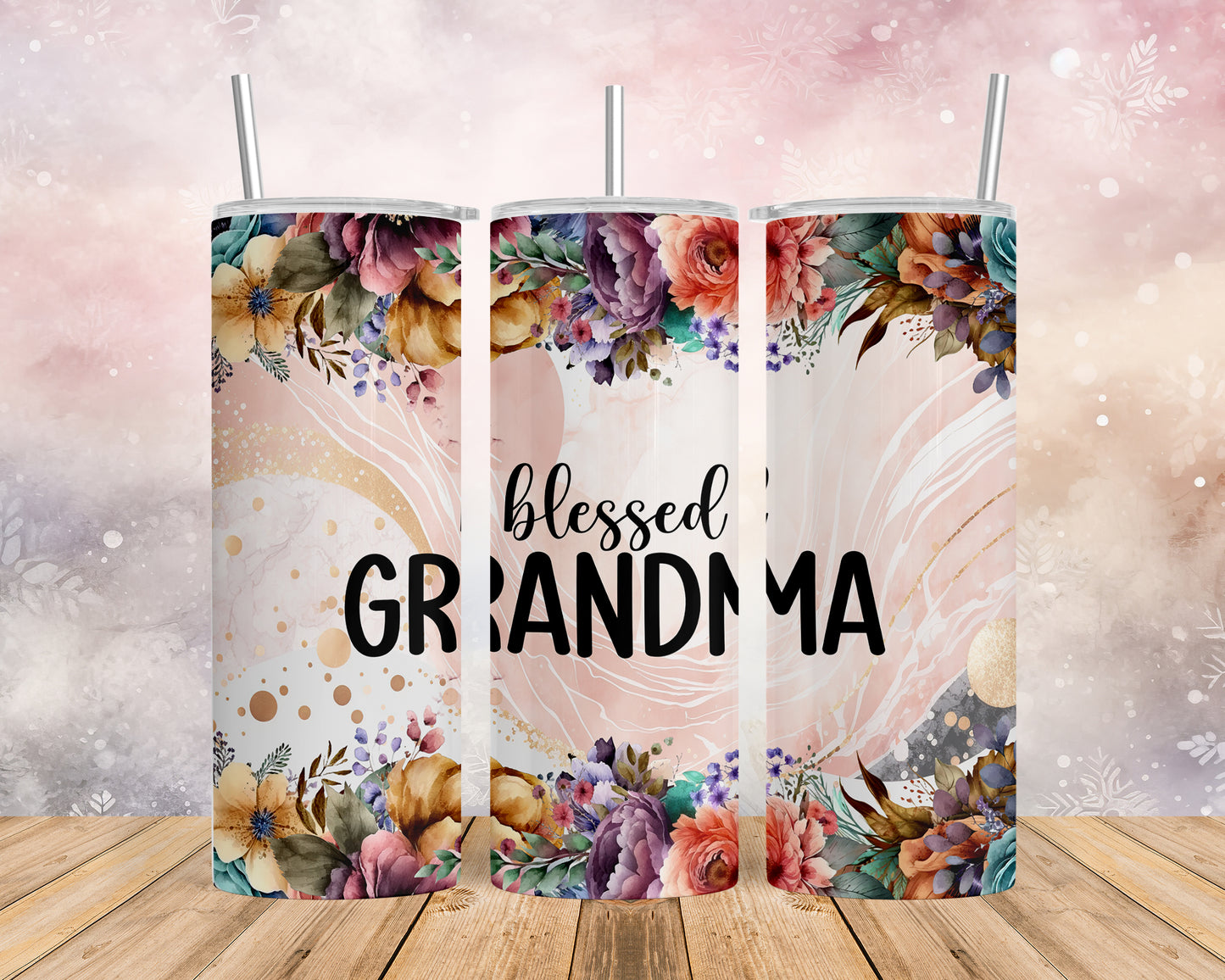 Skinny Tumbler with Straw, 20oz, Floral, Quote, Blessed Grandma, awd-728