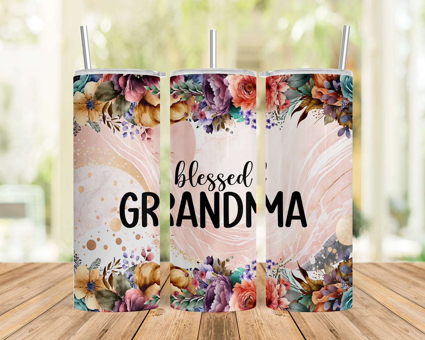 Skinny Tumbler with Straw, 20oz, Floral, Quote, Blessed Grandma, awd-728