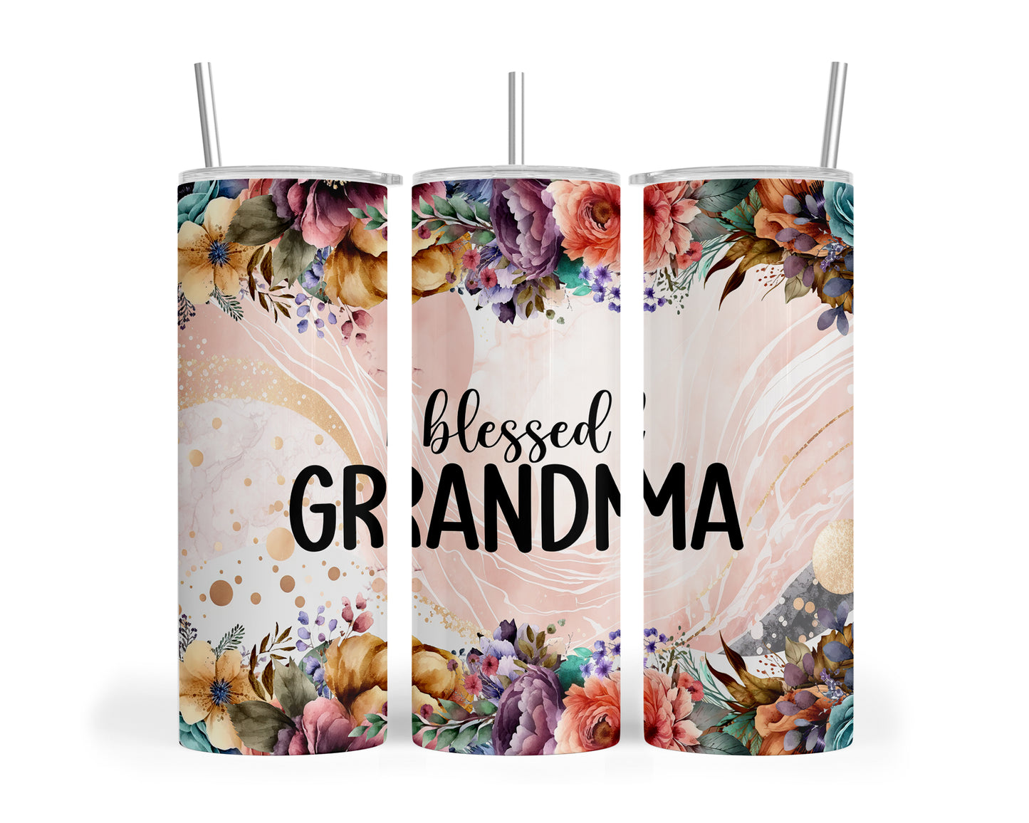 Skinny Tumbler with Straw, 20oz, Floral, Quote, Blessed Grandma, awd-728