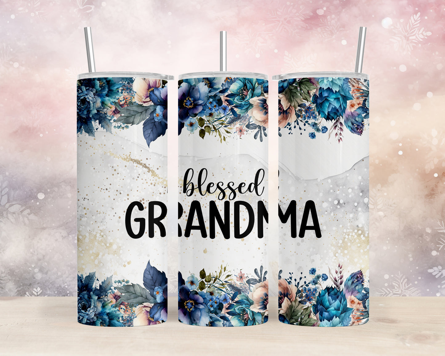 Skinny Tumbler with Straw, 20oz, Floral, Quote, Blessed Grandma, awd-729