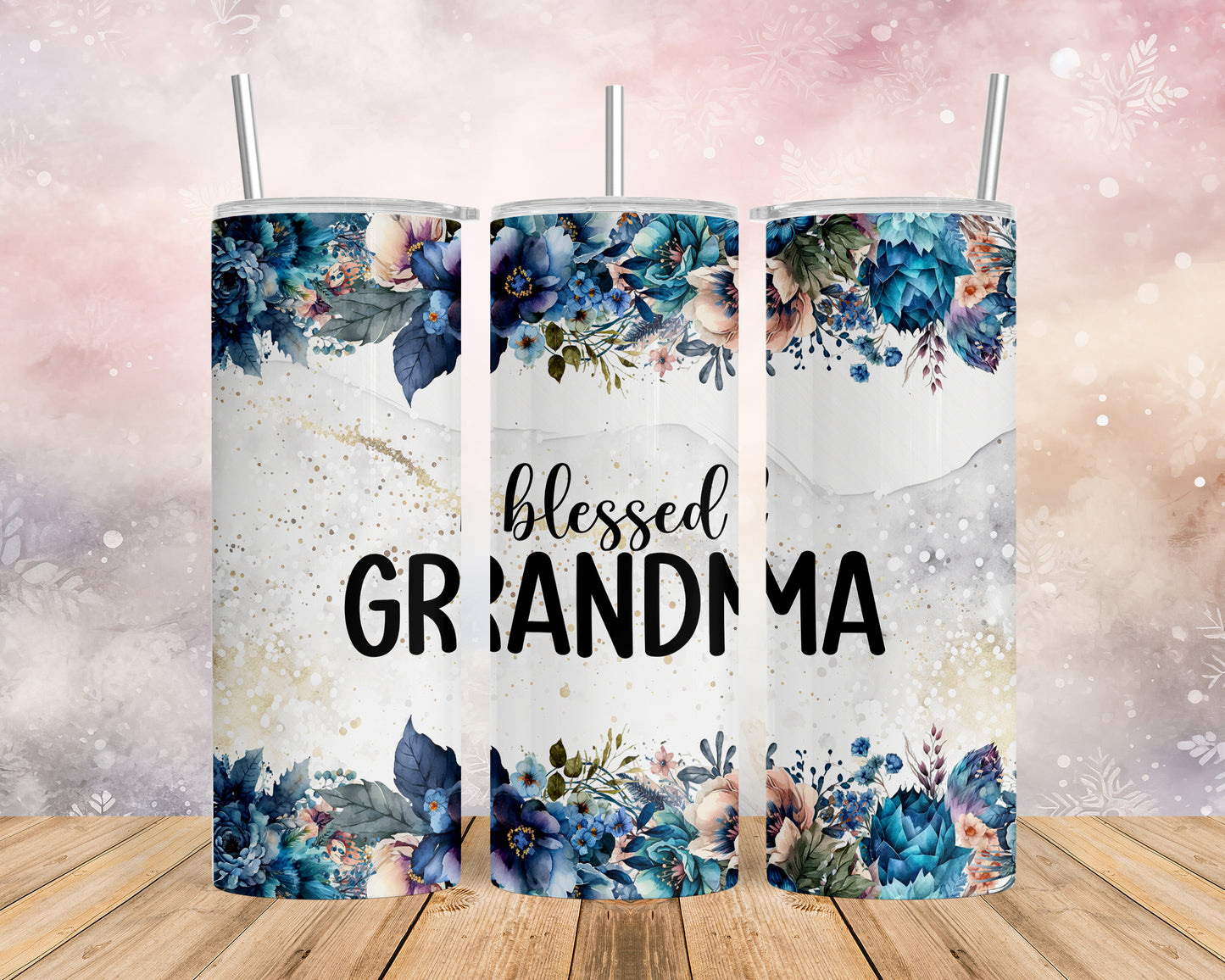 Skinny Tumbler with Straw, 20oz, Floral, Quote, Blessed Grandma, awd-729