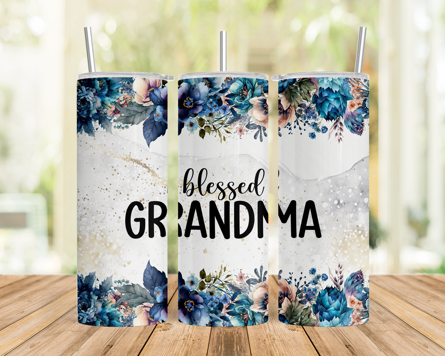 Skinny Tumbler with Straw, 20oz, Floral, Quote, Blessed Grandma, awd-729