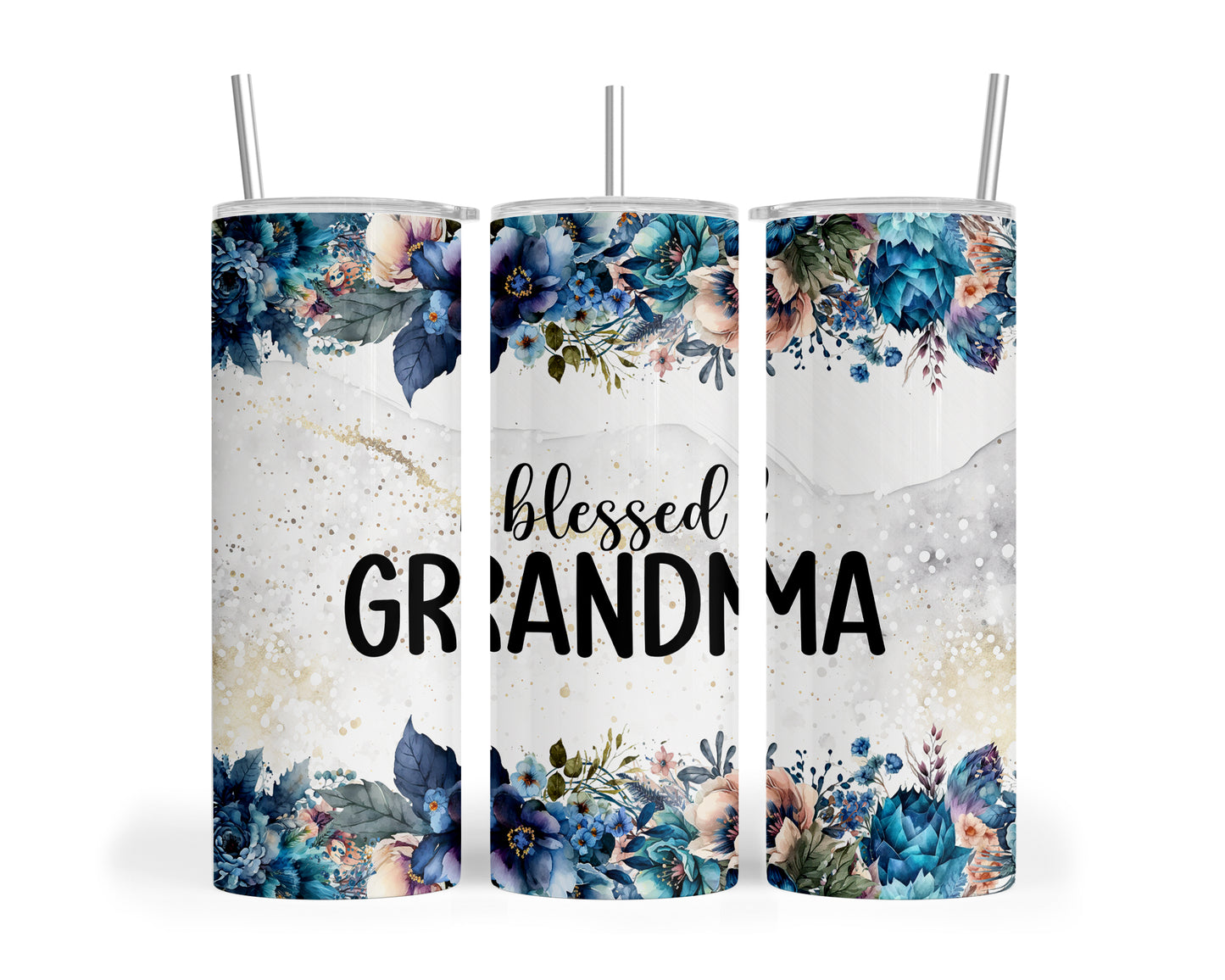 Skinny Tumbler with Straw, 20oz, Floral, Quote, Blessed Grandma, awd-729