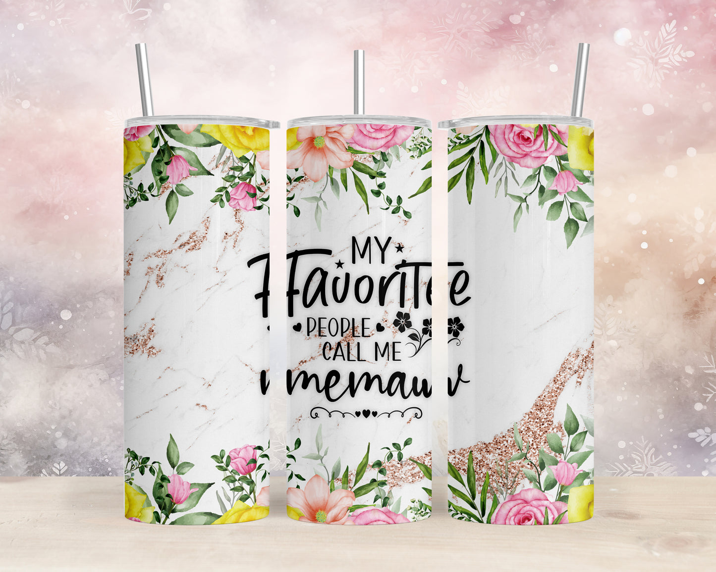 Skinny Tumbler with Straw, 20oz, Floral, Quote, My Favorite People call me Memaw, awd-731