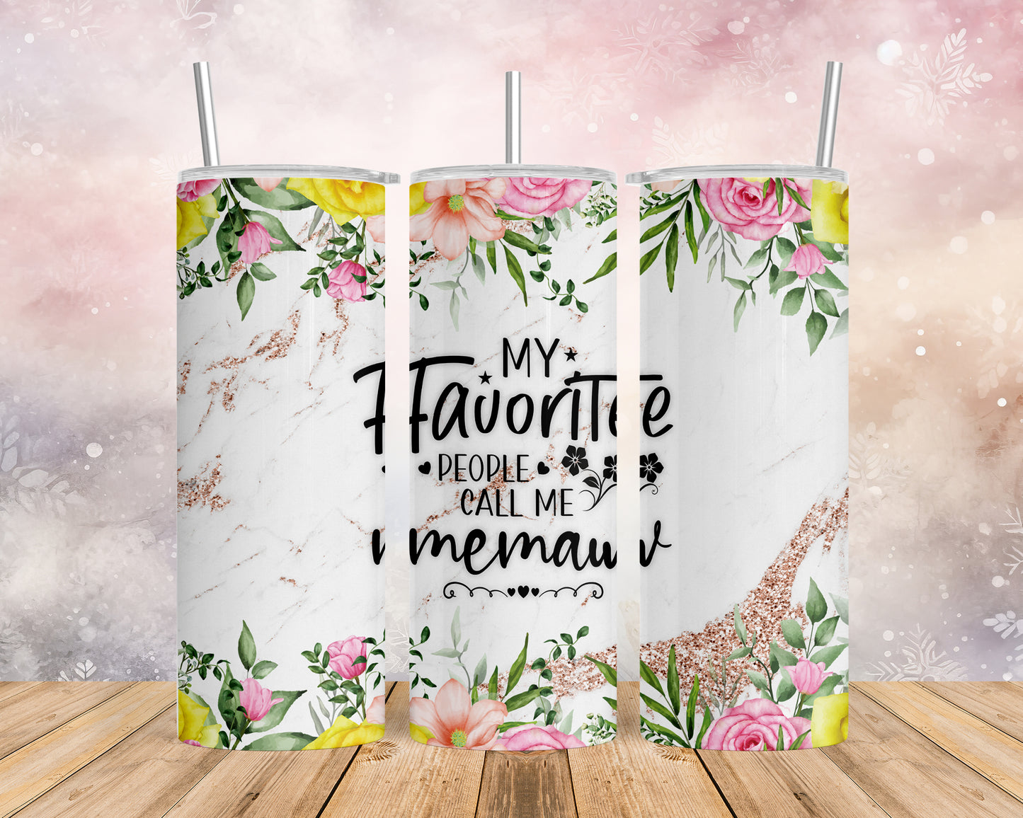 Skinny Tumbler with Straw, 20oz, Floral, Quote, My Favorite People call me Memaw, awd-731