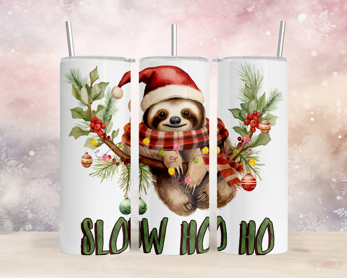 Skinny Tumbler with Straw, 20oz, Christmas, Sloth, awd-809