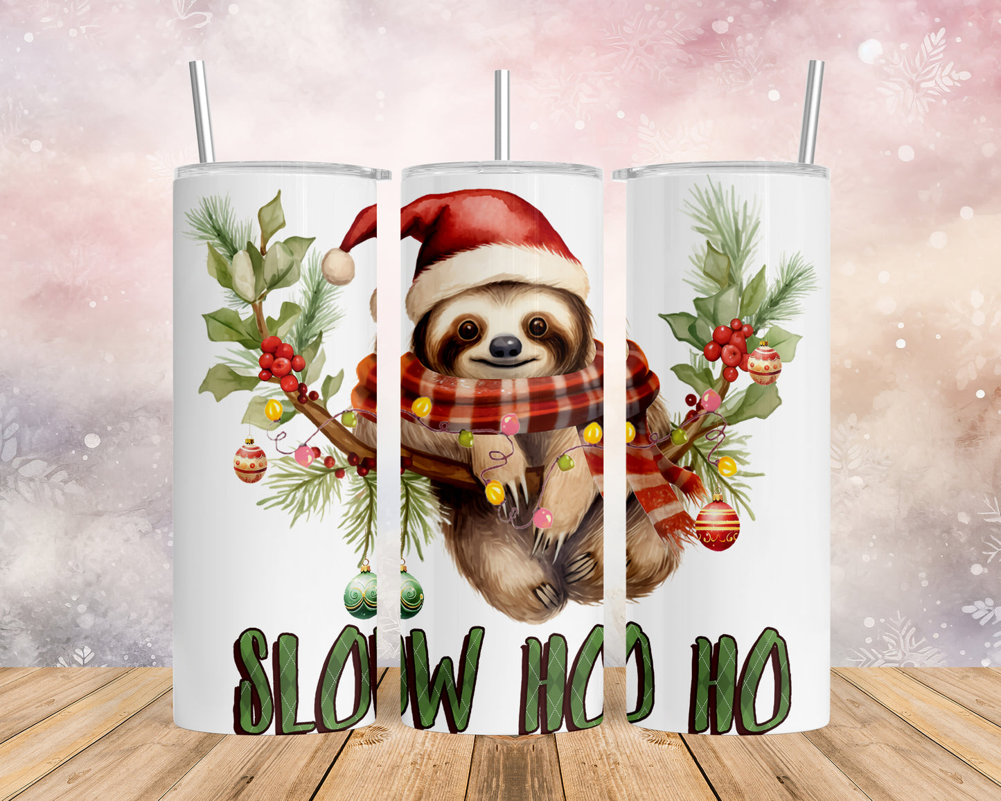 Skinny Tumbler with Straw, 20oz, Christmas, Sloth, awd-809