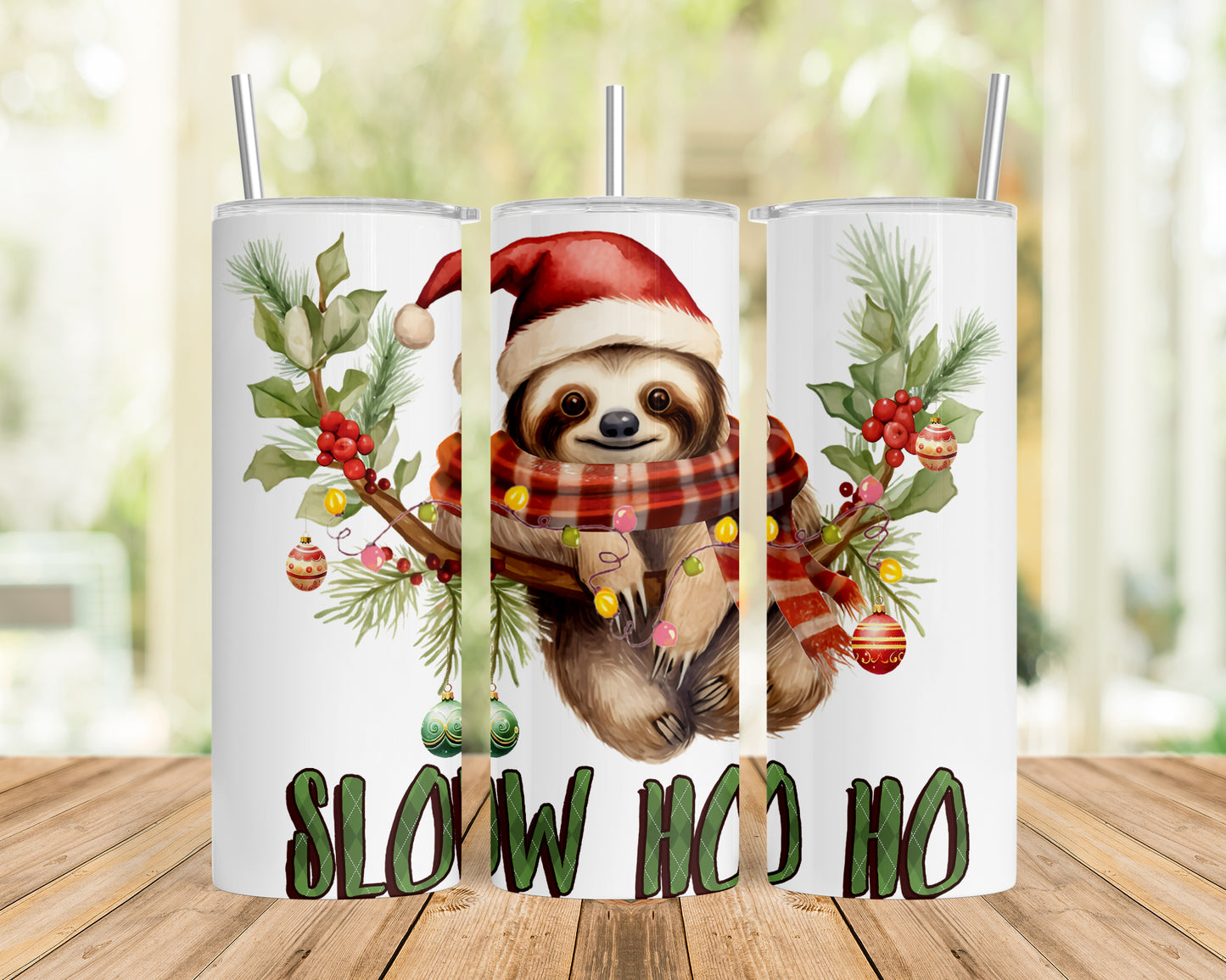 Skinny Tumbler with Straw, 20oz, Christmas, Sloth, awd-809