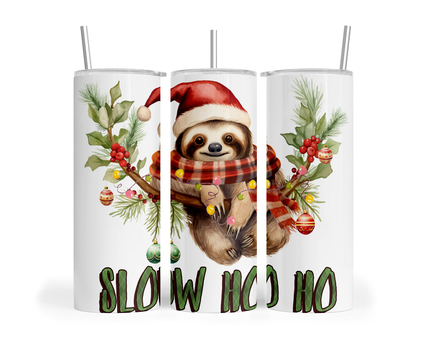 Skinny Tumbler with Straw, 20oz, Christmas, Sloth, awd-809