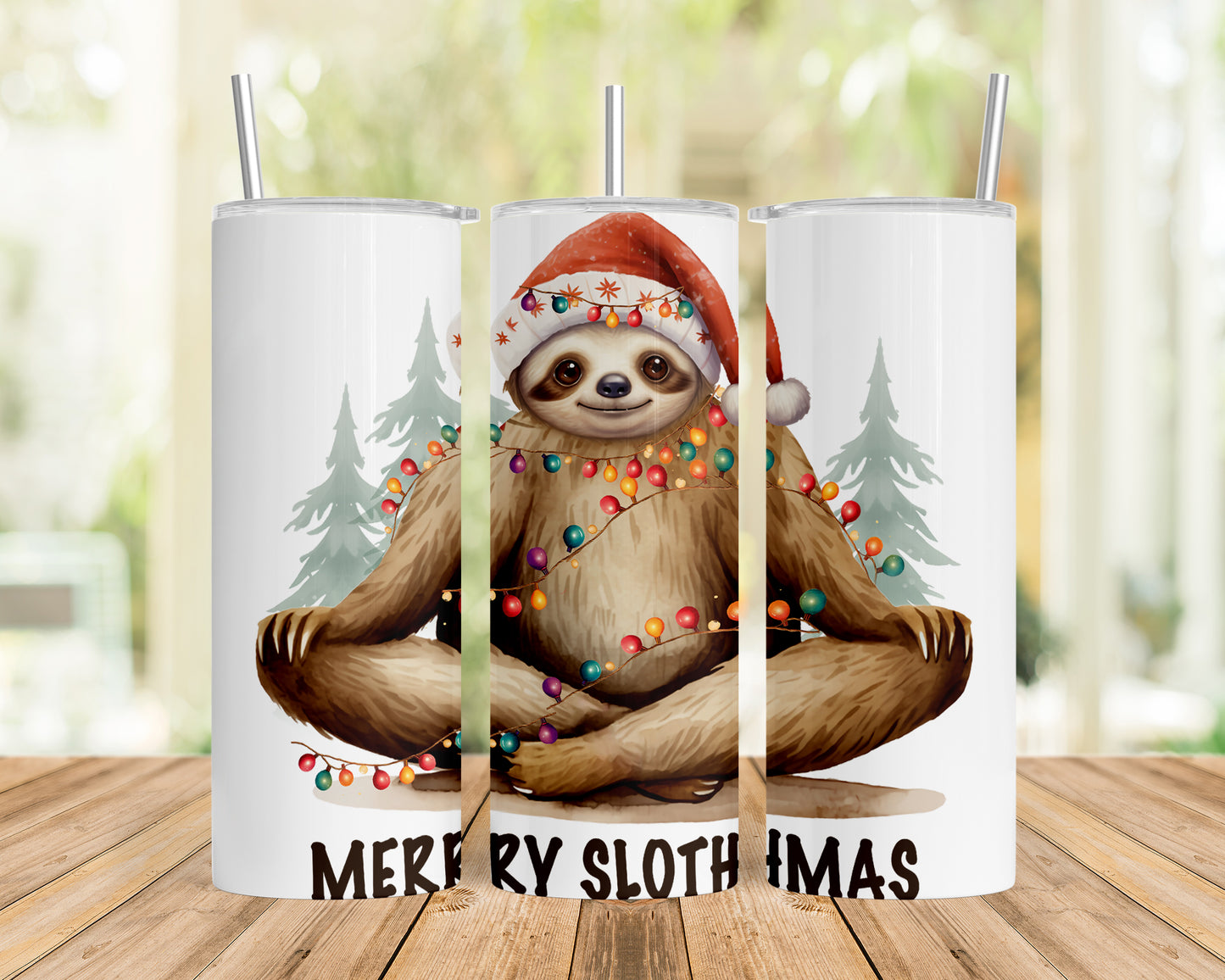 Skinny Tumbler with Straw, 20oz, Christmas, Sloth, awd-810